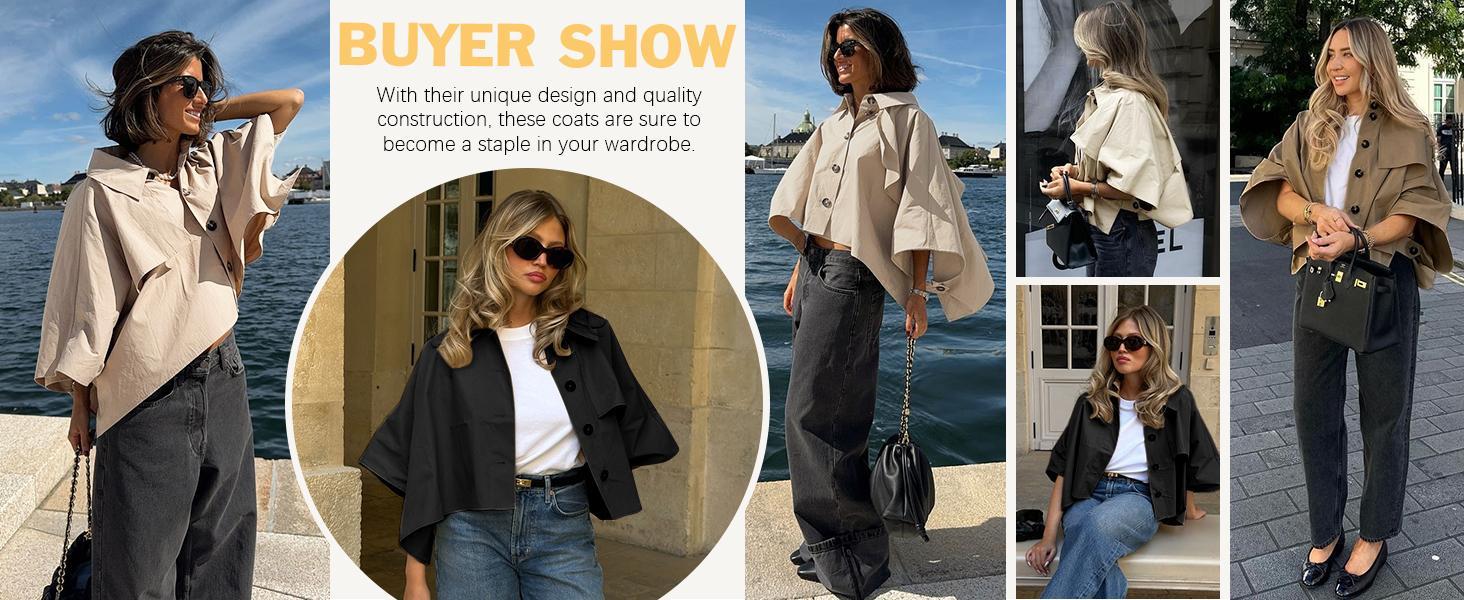 Women's Oversized Cropped Trench Coat, Single-Breasted 3/4 Cape Sleeve, Button-Up Casual Trendy Outerwear Women's Oversized Cropped Trench Coat, Single-Breasted 3/4 Cape Sleeve, Button-Up Casual Trendy Outerwear