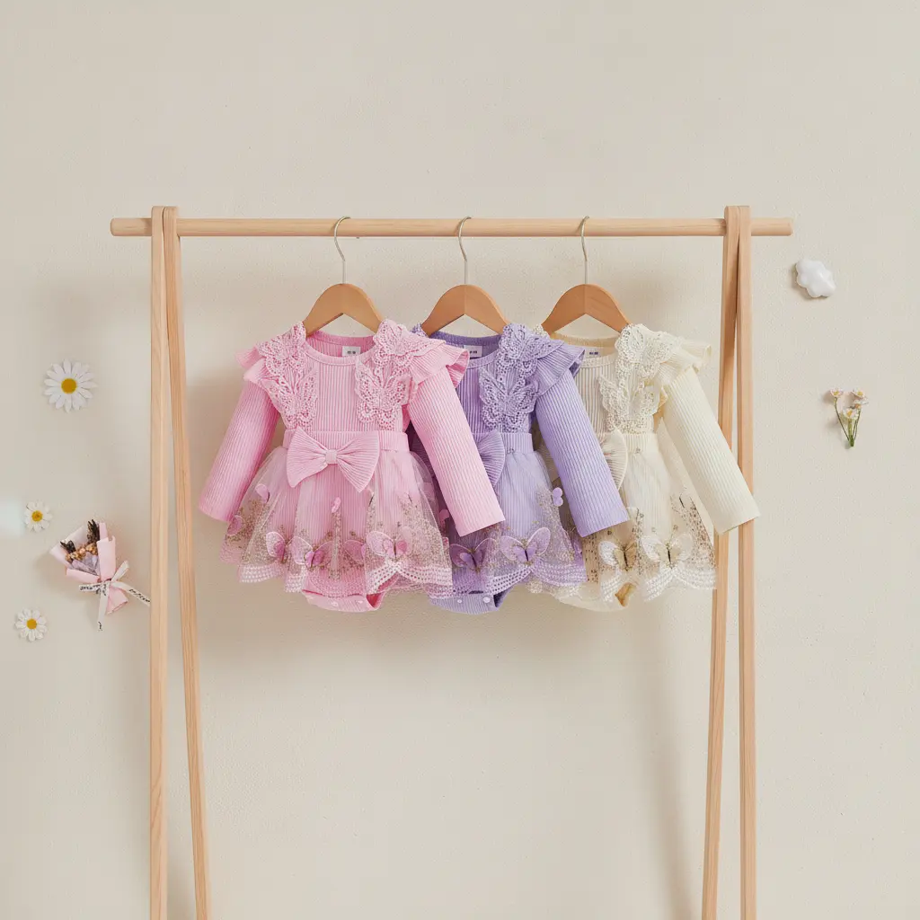 Baby Girl Romper Dress, Fall Long Sleeve Crew Neck Embroidery Butterfly A-line Romper Dress with Bowknot Headband Clothes