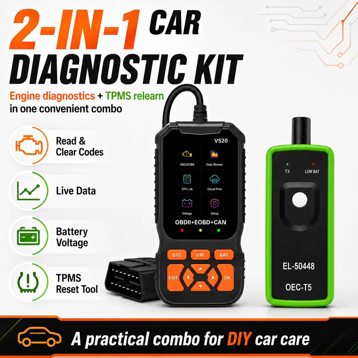 V520 Obd2 Scanner and El-50448 Tpms Relearn Tool Combo Kit, Vehicle Diagnostic Tool, Automotive Diagnostic Scanner, Car Engine Code Reader, Live Data, Battery Voltage, Tire Sensor Reset