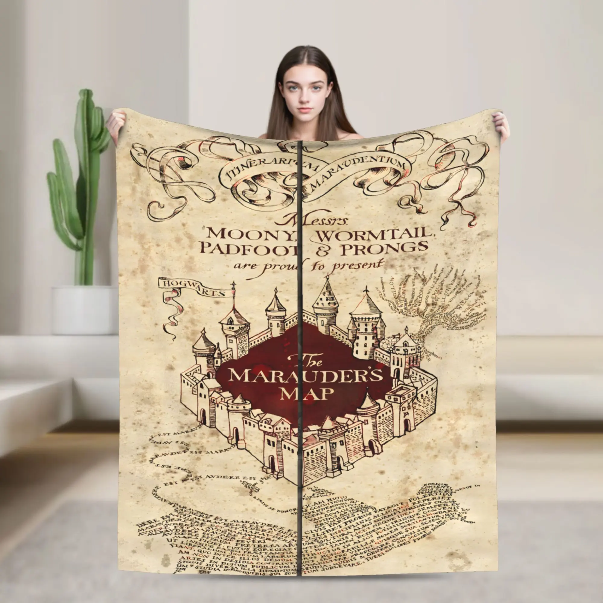 WB Marauder’s Map Vintage Parchment Flannel Throw Blanket, Hogwarts Castle Wizard Sketch  Blanket, Birthday Holiday Gift for Wizard Movie Enthusiasts