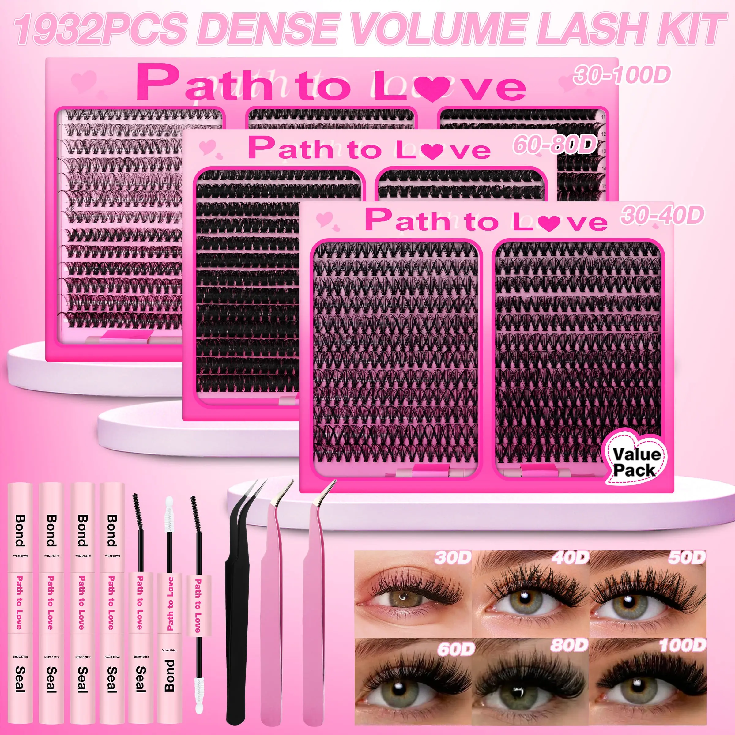 Limited Time Super Value Offer! 1932pcs Clustered Eyelash Set, Includes 4 Two-In-One Glue + 3 Precision Tweezers, Complete DIY Eyelash Extension Kit