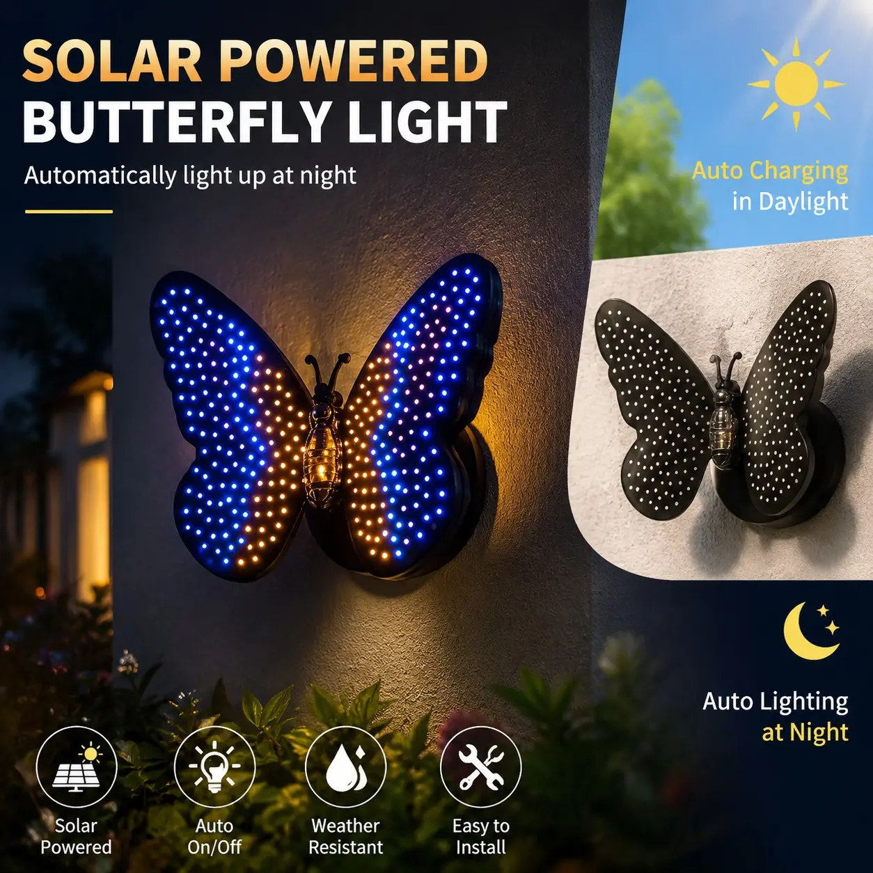 Solar LED Outdoor Wall Light, Solar Powered Lights, Creative Design, Color-Changing Butterfly Style, Garden Lawn Decorative Lamp, Energy Efficient Lighting, Outdoor Landscape Lights