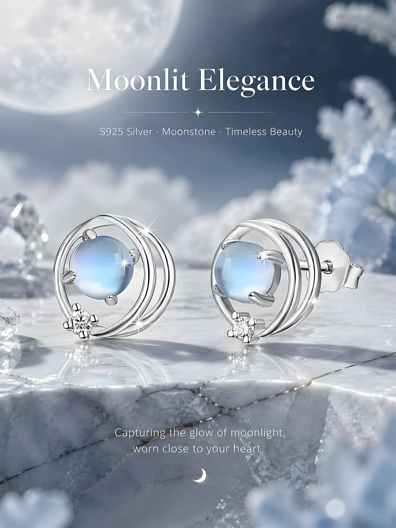 Elegant S925 Silver Moonstone Earrings, High Quality Earrings, Hypoallergenic Cubic Zirconia Studs, Casual All-Season Jewelry, Perfect Gift for Friends & Holidays, Versatile Earrings