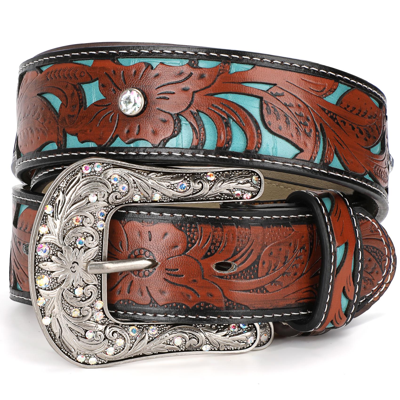 XZQTIVE Unveils Timeless Western Glamour: A Versatile, Cowboy-Inspired Leather Belt Adorned with Intricate Floral Embossing & a Captivating Rhinestone-Encrusted Turquoise Longhorn Buckle for All Boho Leaf Embossed Western Belt SpringStatements