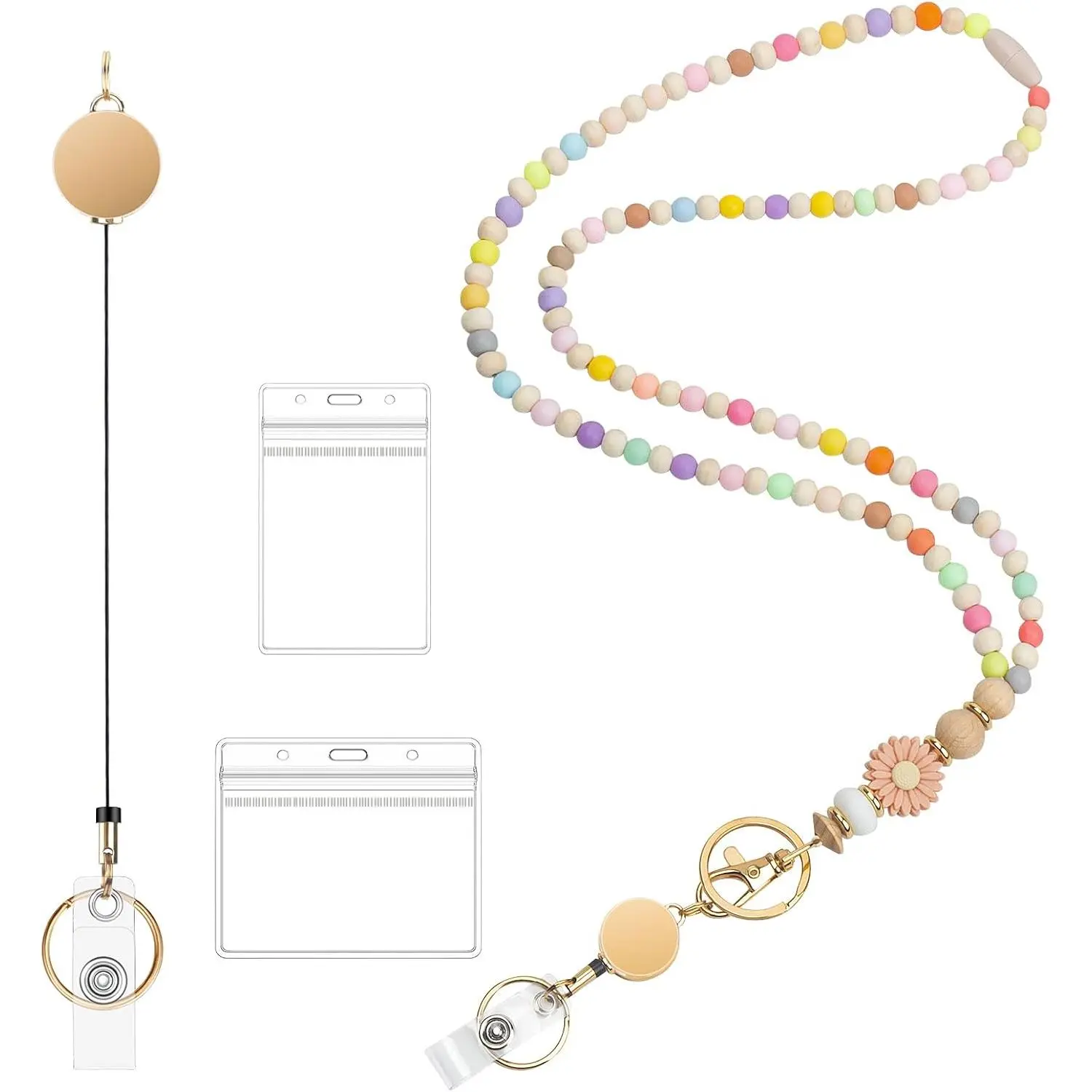 Retractable Lanyard for ID Badges and , Beaded Teacher Lanyard for Women, Nurse Badge Lanyard with ID Holder
