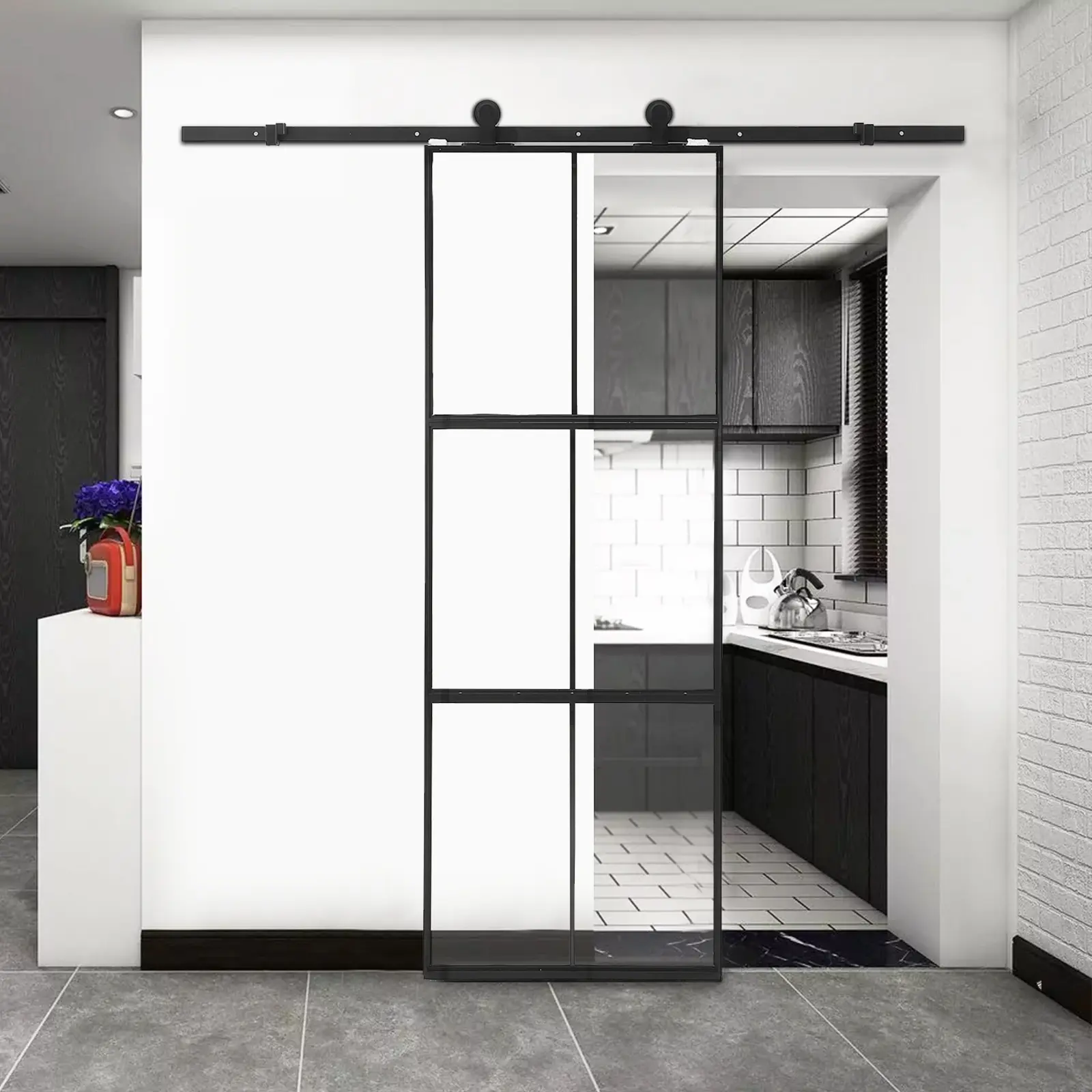 Glass Barn Door 36 in x 84 in, 3-Panel Clear Glass Barn Door with Hardware Kit, Glass Sliding Door with Soft Close Mechanism, Easy Assemble