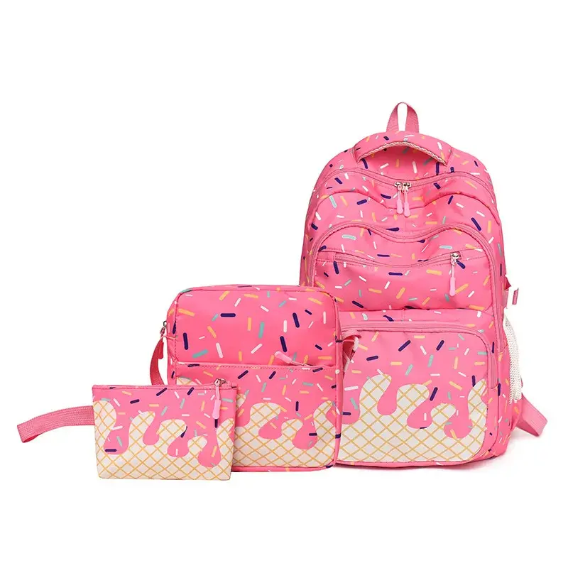 Women's Fashion 3-in-1 Waterproof Zip Backpack Set, New Ice Cream Series Korean Sweet Preppy Style, School Water Resistant Large Storage Lightweight Backpack for Teen Girls' Commute Travel