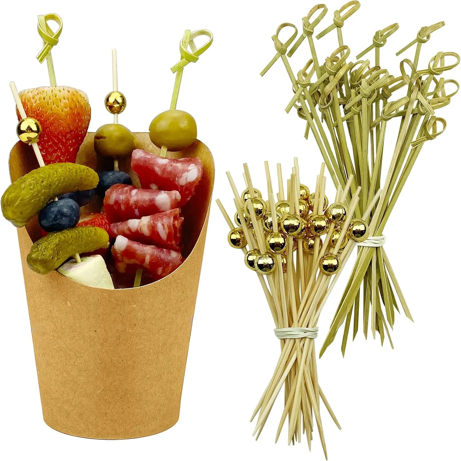 [50 cups + 200 picks] 14 oz Disposable Charcuterie Cups with Sticks (Brown)