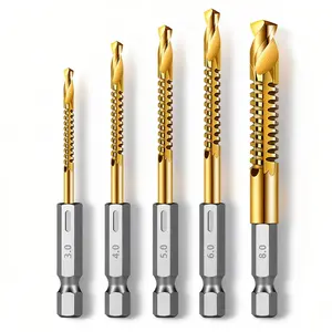 5 count Titanium Coated HSS Twist Drill Bit Set, 1/8"-5/16"  Drill Bits with Hex Shank, Serrated   Drilling Set Woodworking Hinge  Tool Kit for  Plastic Plywood Thin Metal