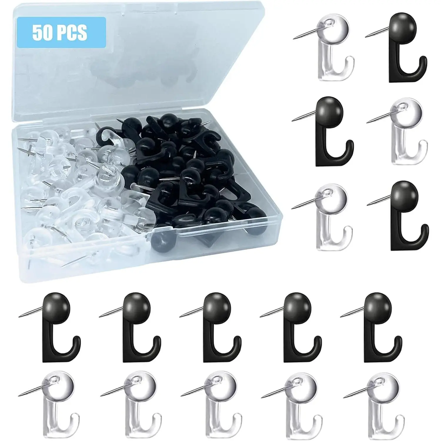 50 count Push Pin Hooks, Plastic Heads Cork Board Hooks Decorative Thumb Tacks Hook for Photo Wall, Bulletin Board,  Wall,  Office School Supplies (Black and Clear)