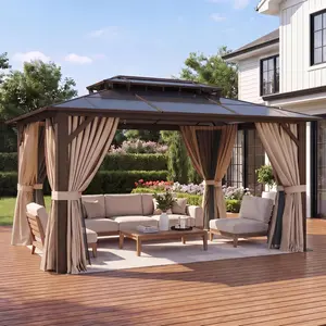 10' x 12' Metal Hardtop Gazebo Premium Polycarbonate Double Roof Structure Outdoor Gazebo with Aluminum Frame, Privacy Curtains & Mosquito Netting for Backyard,Patio, Deck Parties (Brown)