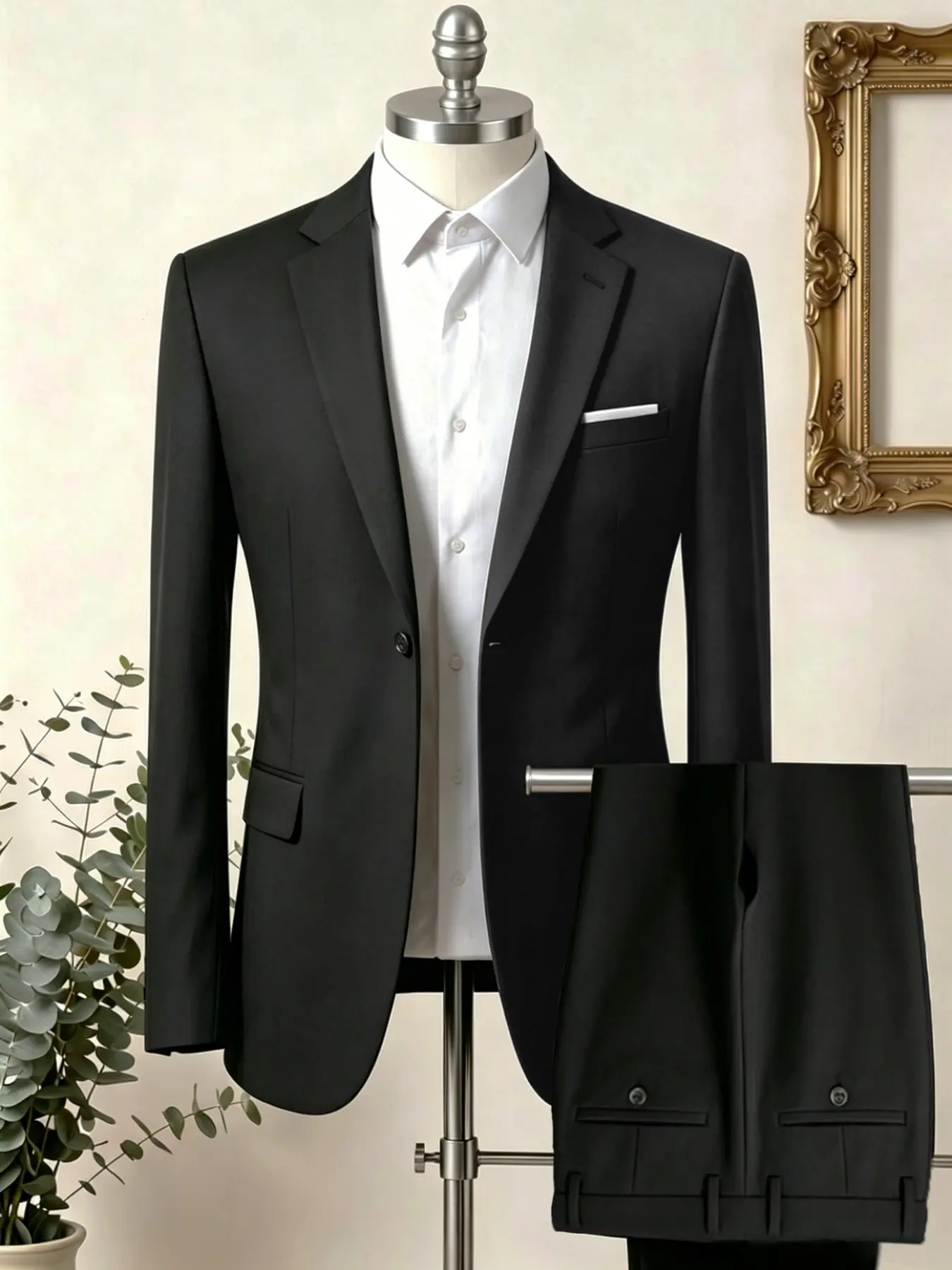 Men's Solid Plain Classic Blazer Suit Two-Piece Set, Slim Fit Business Formal Wear, Versatile Wedding Groomsmen Interview Suit, Trendy Office Attire
