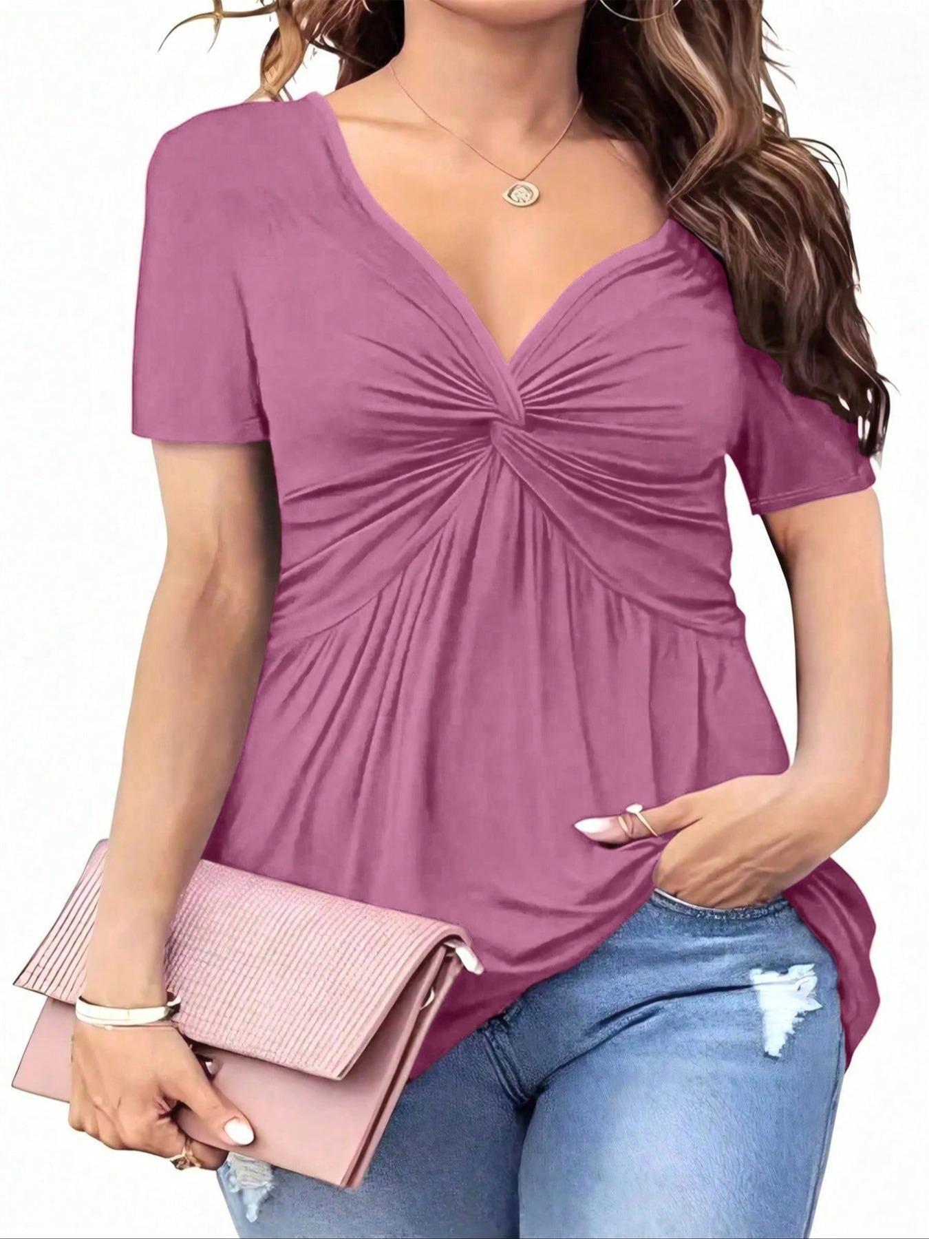 【Plus Size】 Solid Twist Front V Neck Tee, Elegant Casual Short Sleeve T-shirt for Summer, Casual Fashionable Top, Women's Plus Clothing for Daily Wear, Lady
