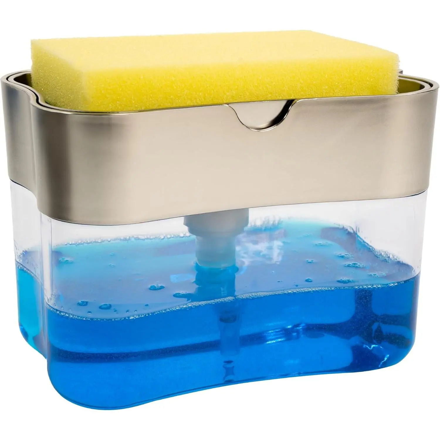 Dish Soap Dispenser and Sponge Holder for Sink, Sponge Included, 13 Ounces, Metallic Silver