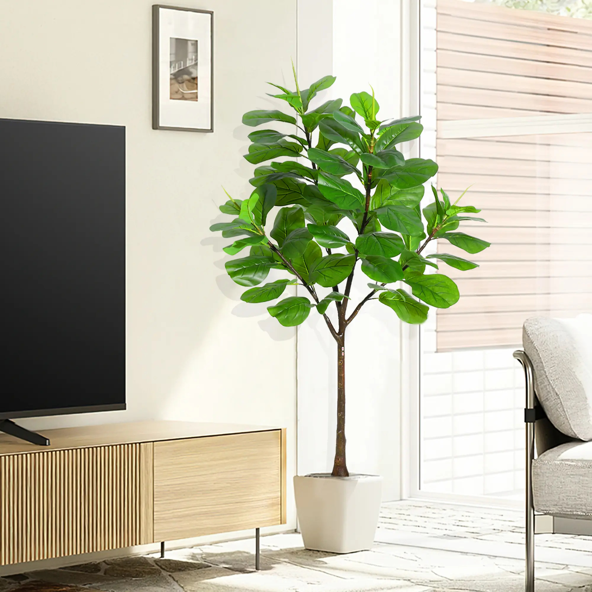 Faux Fiddle Leaf Fig Tree for Home Decor, Potted Artificial Plant with Natural Look, Indoor Decorative Tree for Living Room Office Corner, Modern Silk Foliage