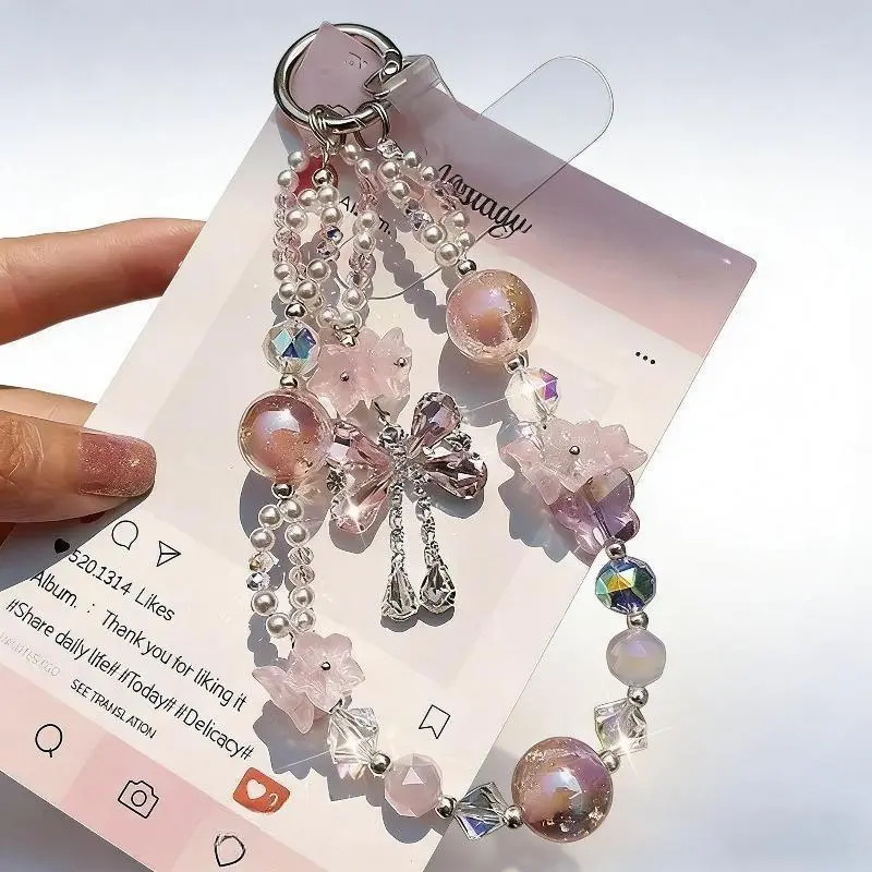 Handmade Beaded Smartphone Wristlet Strap - Resin Bow Charm, Crystal Tassel, Clip-On Mobile Accessory for Women (Sports & Outdoor Protective Gear Complement), Accessories, Detachable, Cellphone, Phone Decor, Phone Chain, Easy Clip-On Design, Everyday Use,