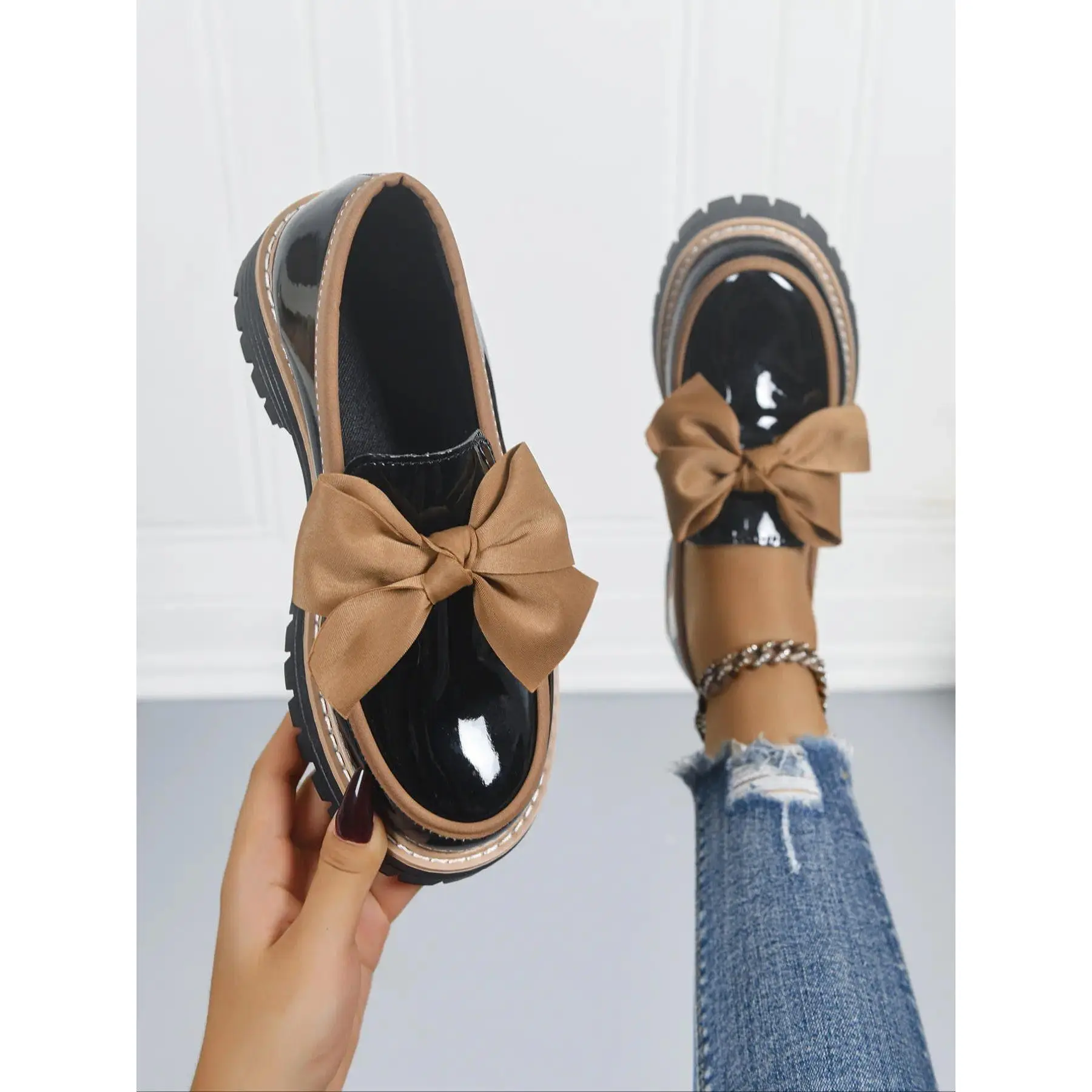 Women's Bowknot Design Loafers, Affordable Loafers, Flat Walking Shoes, Spring & Fall Casual PU Leather Shoes, Plain Pattern, Less Than Ankle Height, PVC Sole