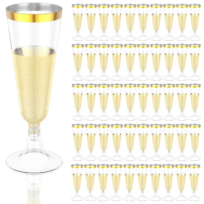 50Pcs 5oz Gold Rim Clear Food Grade Plastic Champagne Flutes, Disposable Mimosa Cocktail Goblets, Bulk Toasting Glasses, Disposable Party Cups, Disposable Tableware Supplies, Party Supplies Perfect for Wedding, Christmas & New Year’s Eve Parties