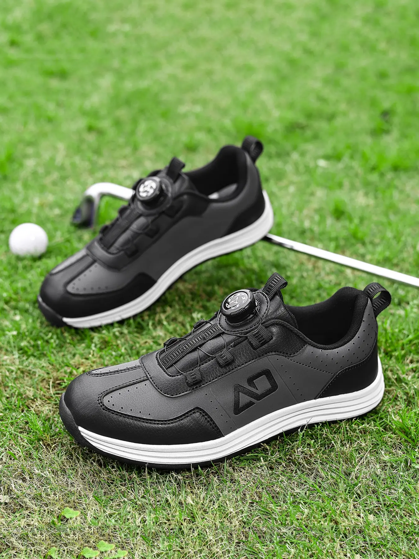 Unisex Athletic Golf Shoes with Button Closure, Non-Lace Automatic Lock, Waterproof PU Leather, Lightweight Breathable, All-Seasons, Anti-Slip Sole