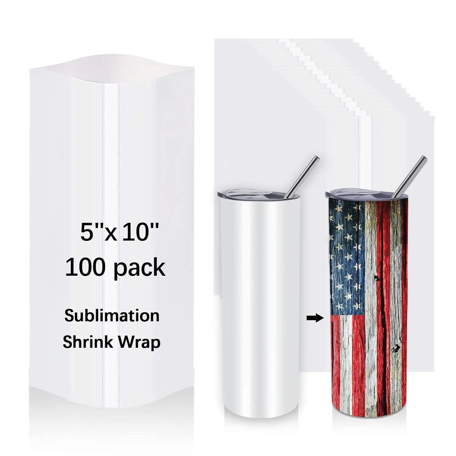 100 count Sublimation Shrink Wrap Sleeves,5x10 Inch Heat Transfer Shrink Film Bags for Blanks 20 oz Tumblers,Mugs,Cups,Shrink Wrap Bands for Sublimation