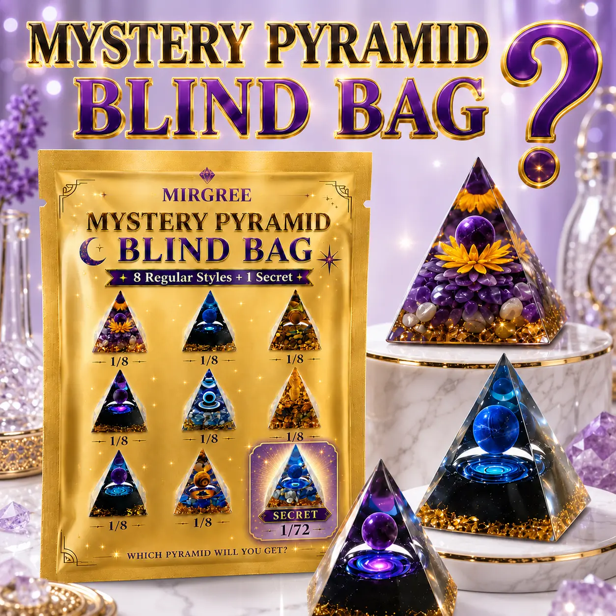 MIRGREE Surprise Mystery Pyramid Blind Bag, Random 1/3/5/7/9 Bags Gemstone Chip Pyramid Collectible, 8 Styles Plus Secret Edition, Unique Desk Decoration & Gift