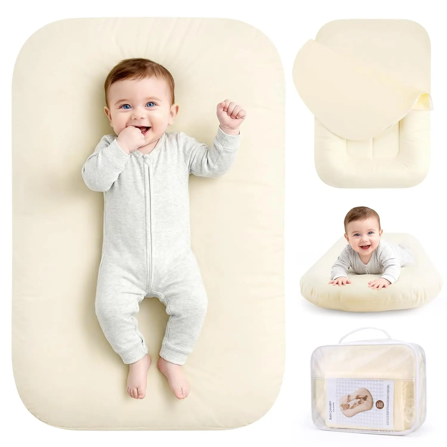 Baby Lounger & Infant Support Cushion, Soft Cotton Tummy Time Mat with Back Support for Babies 0-24 Months, Portable, Waterproof & Machine Washable, Beige, Baby Toys