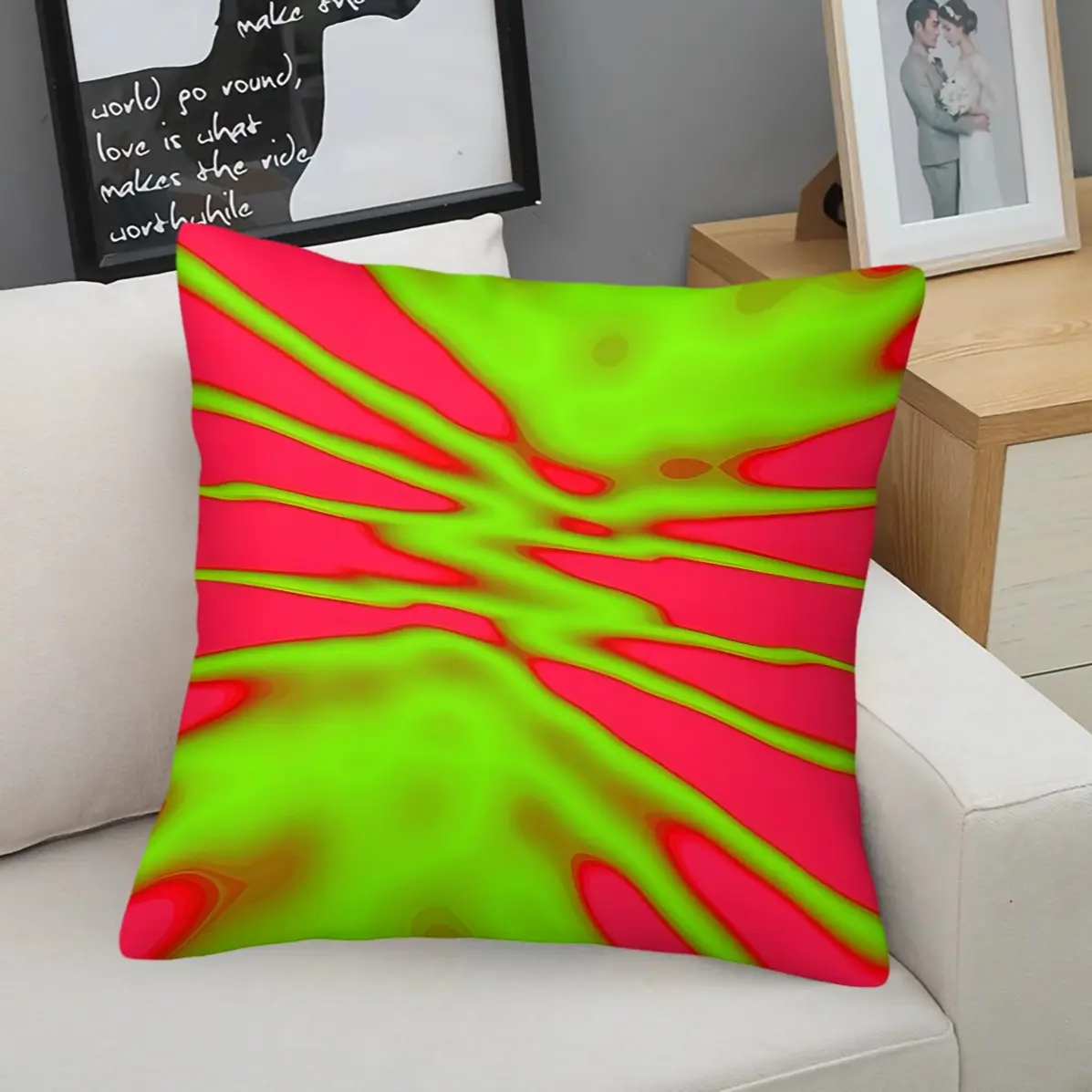 Cyber Psychedelic Abstract Throw Pillow,45×45cm Neon Red‑Green Fluid Print Cushion with Insert,Detachable Cover for Bedroom Sofa Bay Window,Lumbar Support Decor,Perfect Gift for Home,Cushions for Sofa