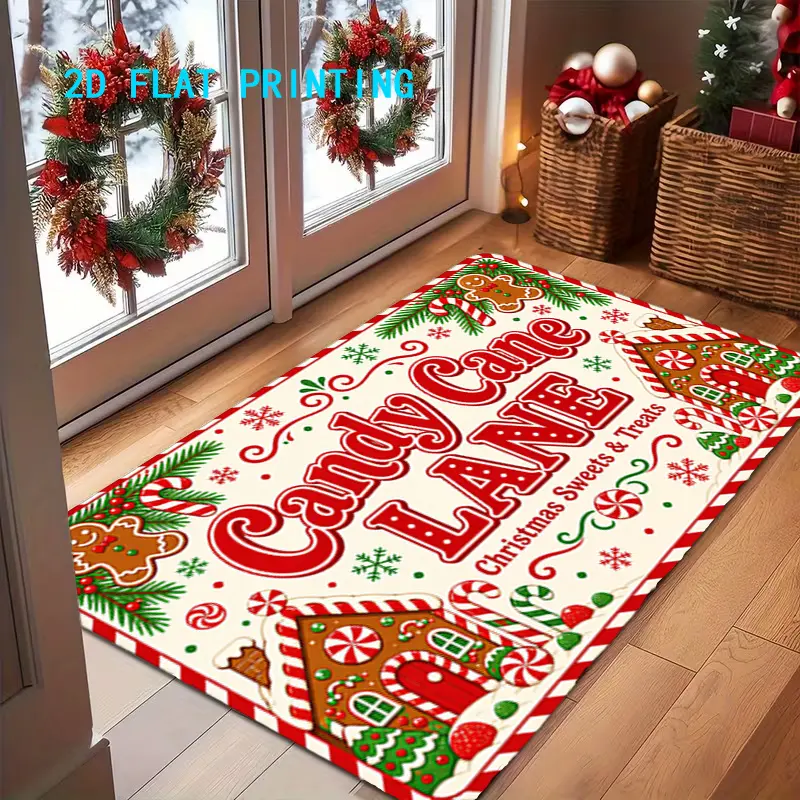 Flannel Floor Mat 1-piece, 2D flat printing, Christmas candy lane themed floor mat with gingerbread house and candy cane patterns, indoor non-slip carpet, non-slip, machine washable, easy to clean polyester carpet, suitable for home and outdoor decoration