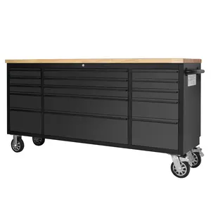 72" Heavy-Duty Rolling Tool Chest & Mobile Workbench with 15 Drawers, Steel Storage Cabinet with Rubber Wood Top, Key Lock, Drawer Liners and Wheels for Garage, Workshop, Black