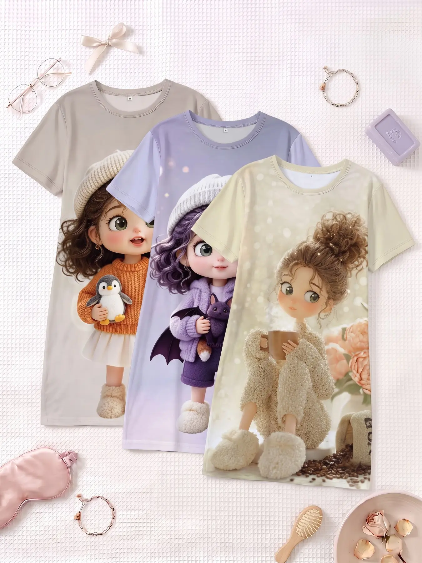 3-Piece Set Cute Doll Print Nightgowns, Short Sleeve Round Neck Women's Pajamas, Loose-Fit Home Wear for Spring Summer Fall