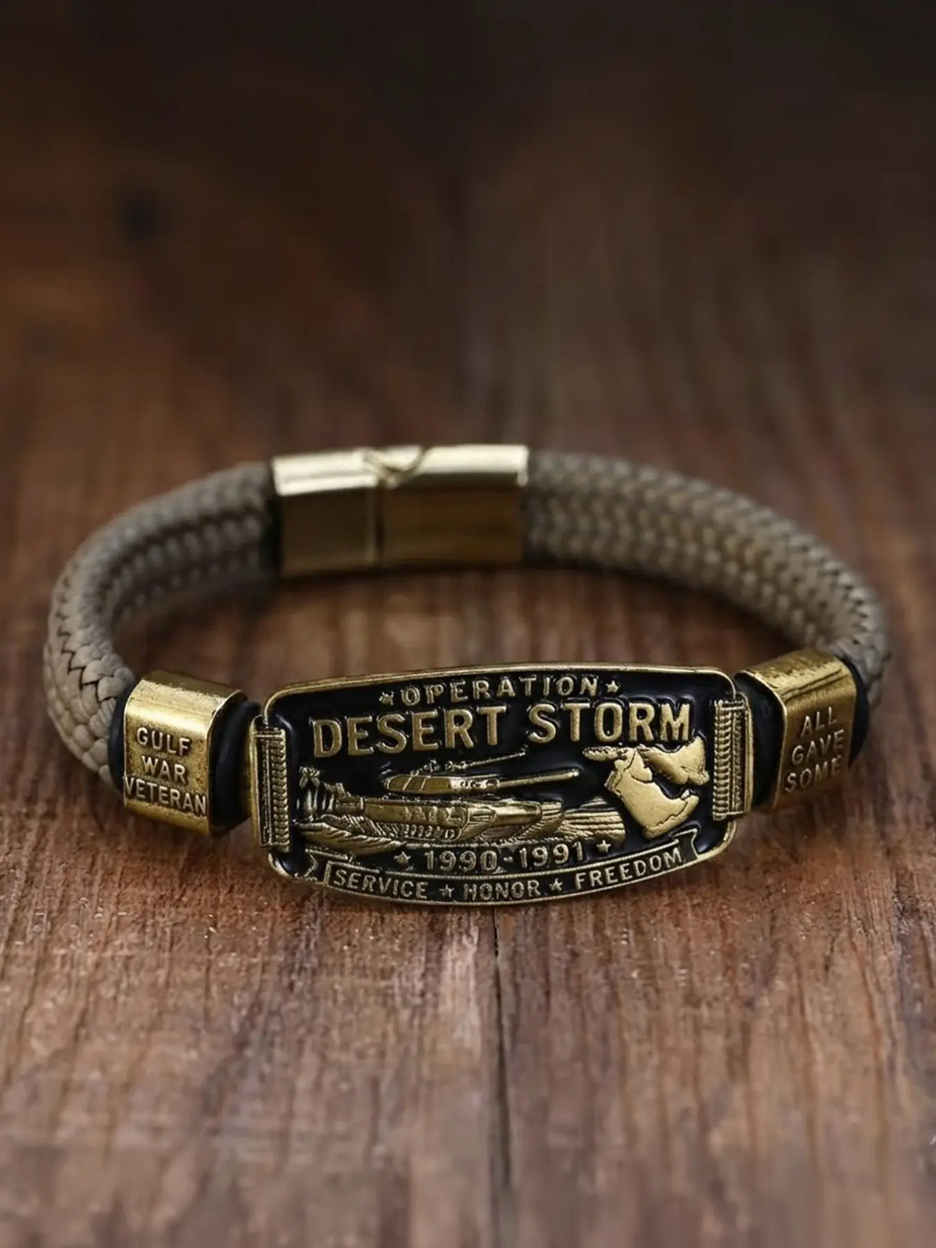 Men's Vintage Woven Bracelet, Desert Storm Military Badge Magnetic Clasp, Memorial Pin for Veterans, Unique Gift Accessory for Men
