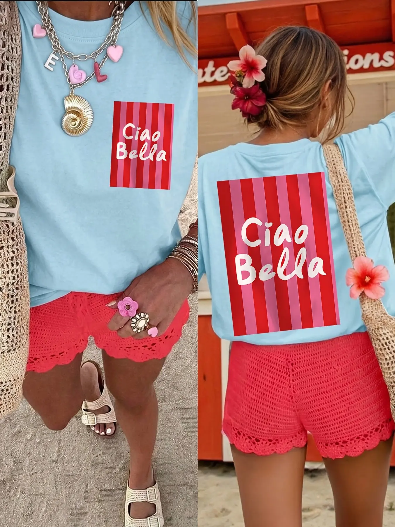 1x Short-sleeve tee top with front & back prints and pink stripes/slogan; American casual chic style; skin-friendly fabric; perfect for campus life, "hot girl" aesthetic, dates, café hopping, or beach photos.