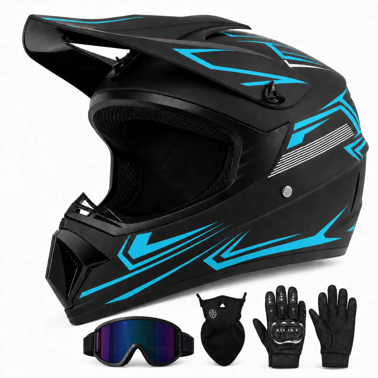 Full Face Motorcycle Helmet, Multi-Channel Ventilation, Breathable Liner and Removable Cheek Pads, for Adult Men and Women, Dirt Bike Motocross Motorcycle Trail Riding, DOT Compliant, 4-Piece Helmet Set with Goggles Gloves and Mask, S-XL 52-59 cm