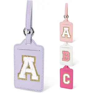 Initial Luggage Tags for Suitcases, Cute Letter Luggage Bag Suitcase Identifier Name Baggage Tag, PU Leather Travel Luggage Tags, Bag Tags for Men Women Kids Luggage Handbags(Purple-White A)
