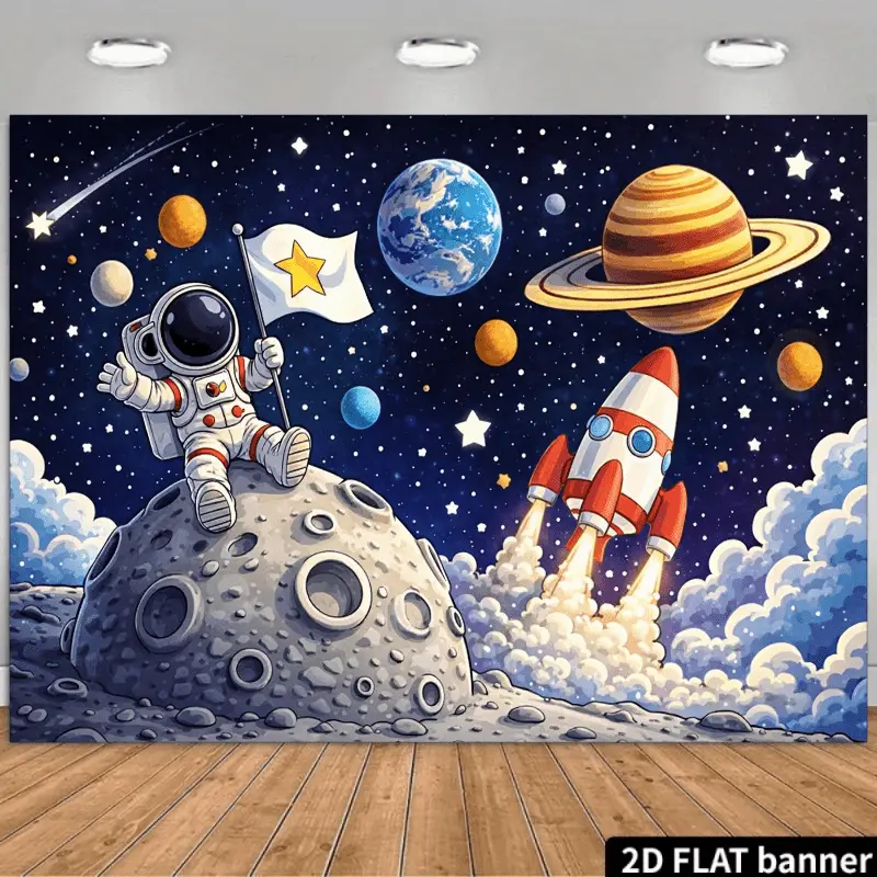 Galaxy Space Astronaut Backdrop, Cosmic Planets & Rocket Party Banner, Sci-Fi Universe Room Decor, Starry Sky Tapestry