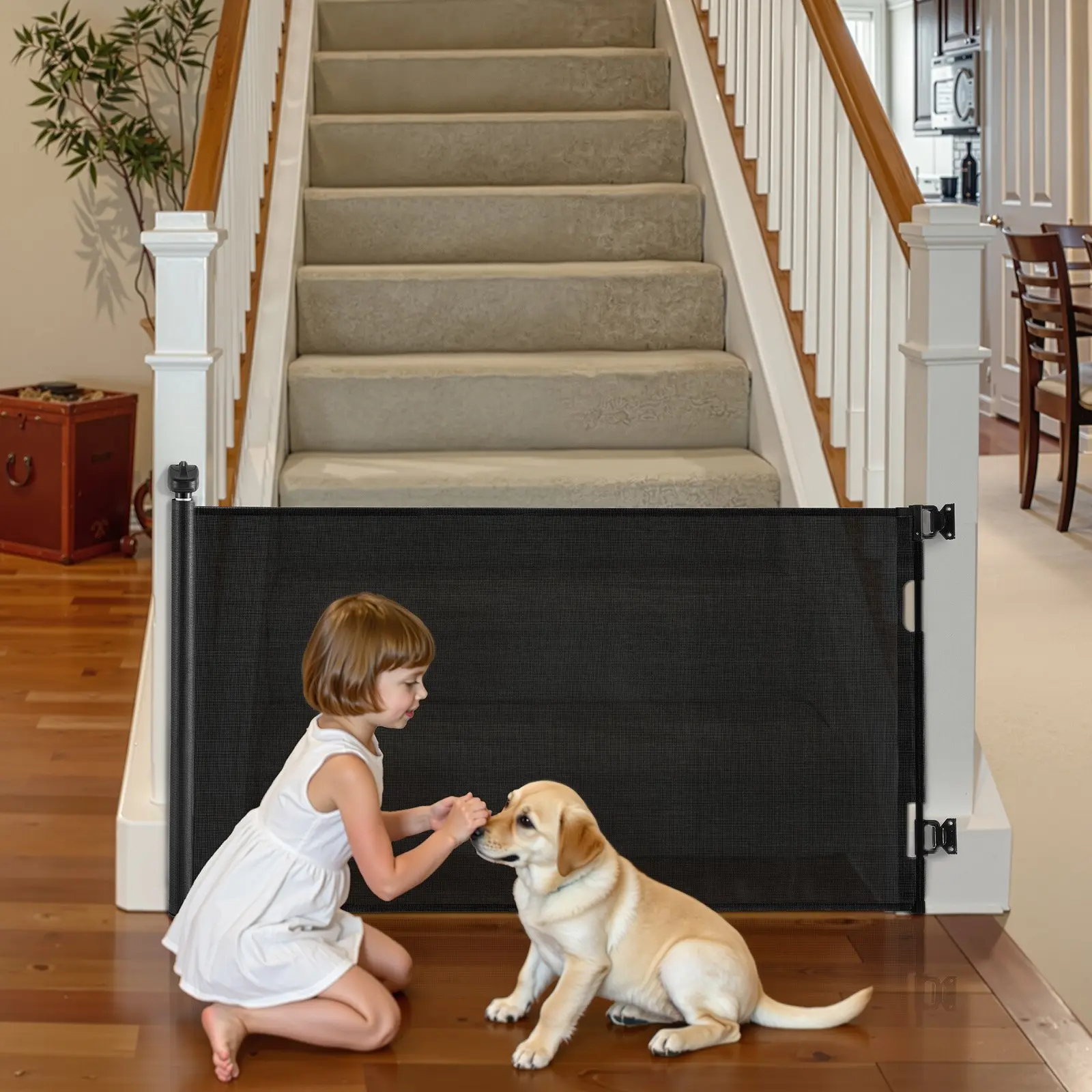 【DealsForYouDays】VEVOR PVC Mesh Retractable Baby Gate, 72.8in Wide Extendable, 31.3in Tall, Baseboard Safe, 1-Handed Open Security Lock, Trip-Free Walk Through, for Stairs, Hallways, Black, One-Handed Opn