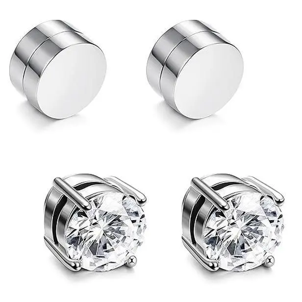 Non-Piercing 6/8mm CZ Stainless Steel Magnetic Earrings, Hypoallergenic, Super Strong Hold, Streetwear Silver Bling