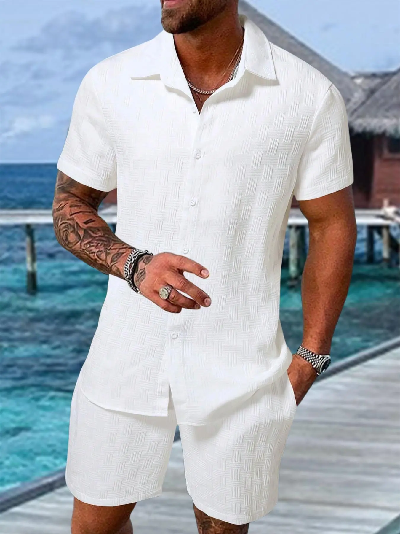 Men's Regular Fit Short Sleeve Pajama Two-piece Set, Casual Comfy Button Up Top & Shorts Pj Set, Men's Summer Sleepwear, Loungewear, Lounge Pajamas, Pyjamas, Plain, Casual Loungewear Outfit