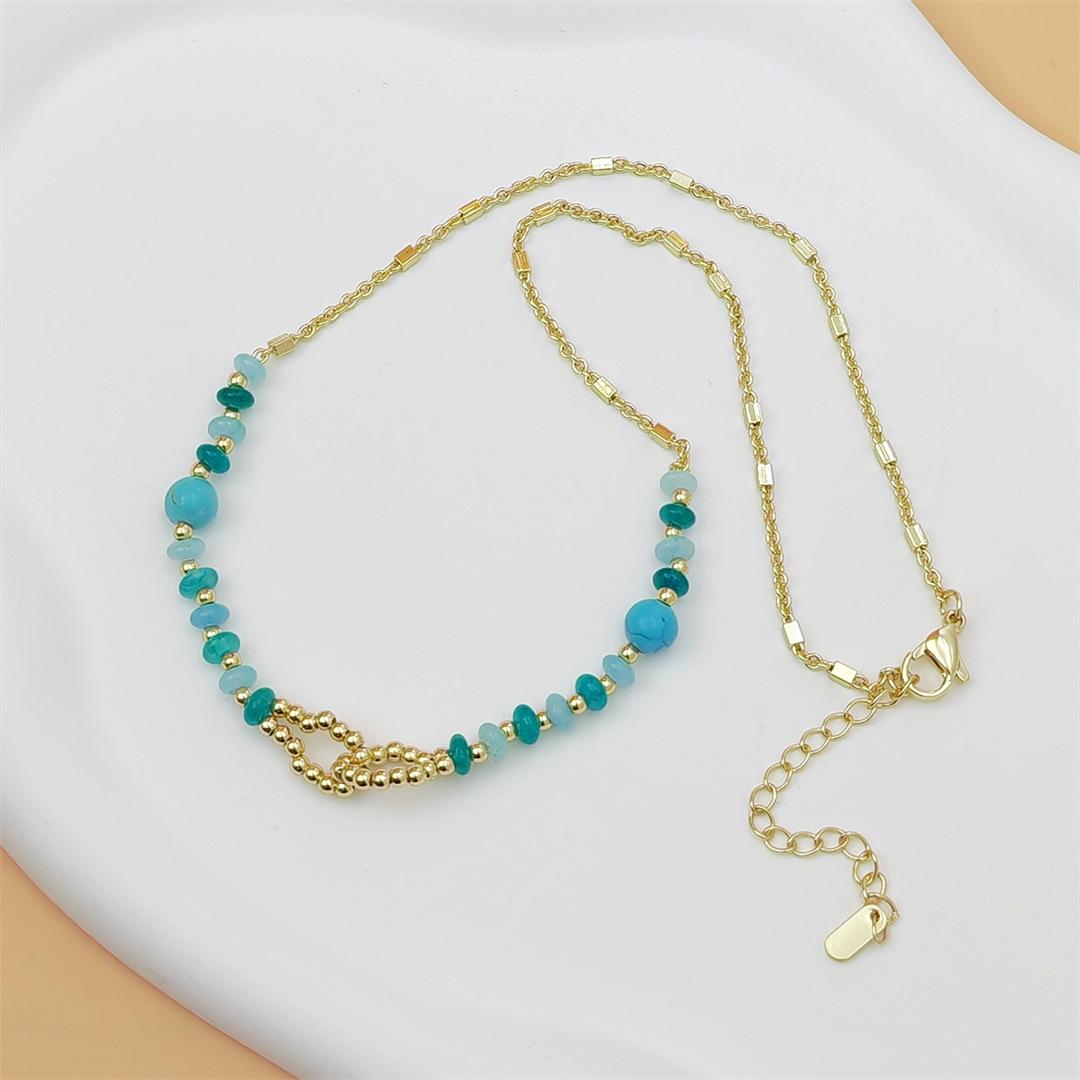 Bohemian Blue Turquoise Necklace 18K Gold Plated Double Layer Natural Stone Clavicle Chain For Daily Wear
