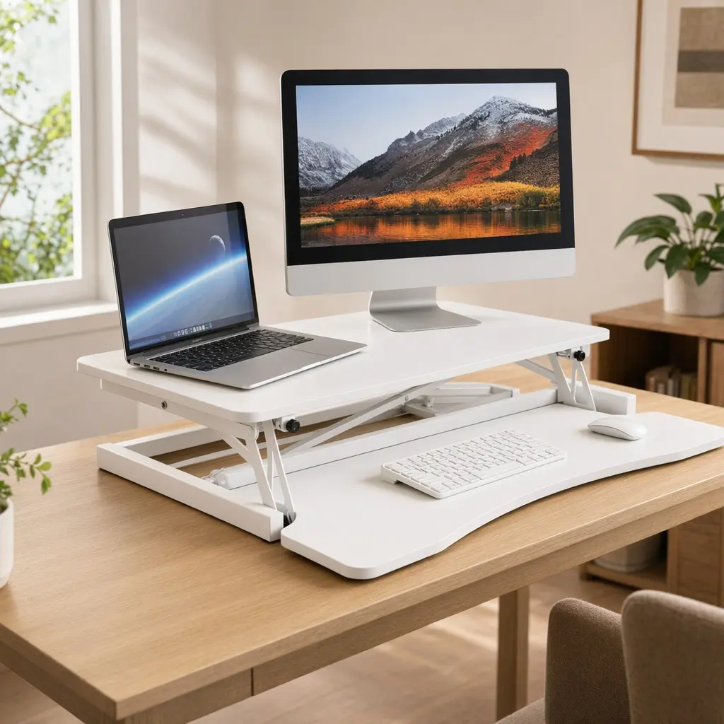 32-Inch Sit-to-Stand Desk Converter, Rectangular, Sturdy Metal Base, Spacious Work Area for Dual Monitors & Laptop, Wide Keyboard Tray, White