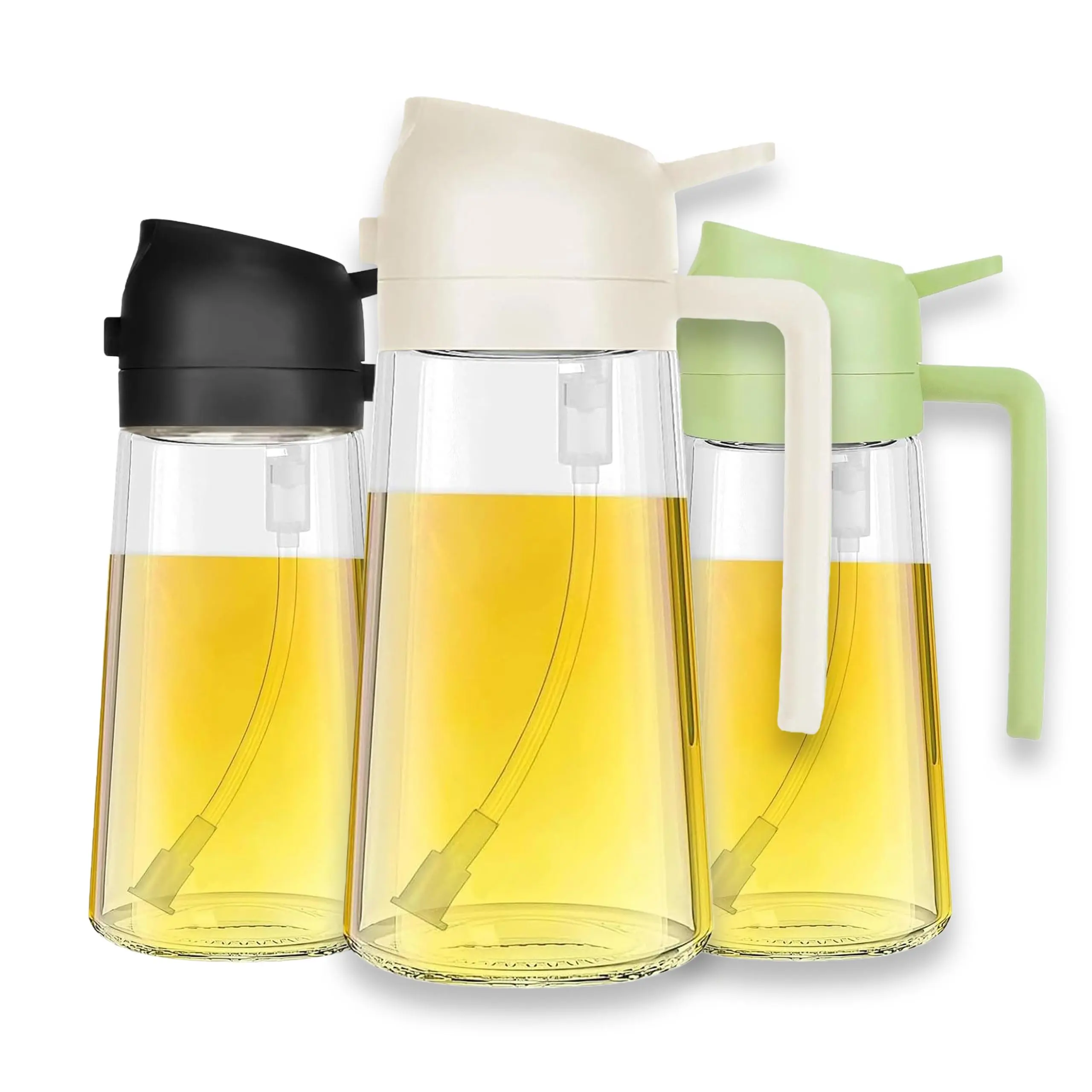 2 in 1 glass oil sprayer olive oil dispenser kitchen cooking BBQ salad multifunctional gravity sensing spray pour oil bottle lead free borosilicate glass anti clog filter comfortable grip oil container