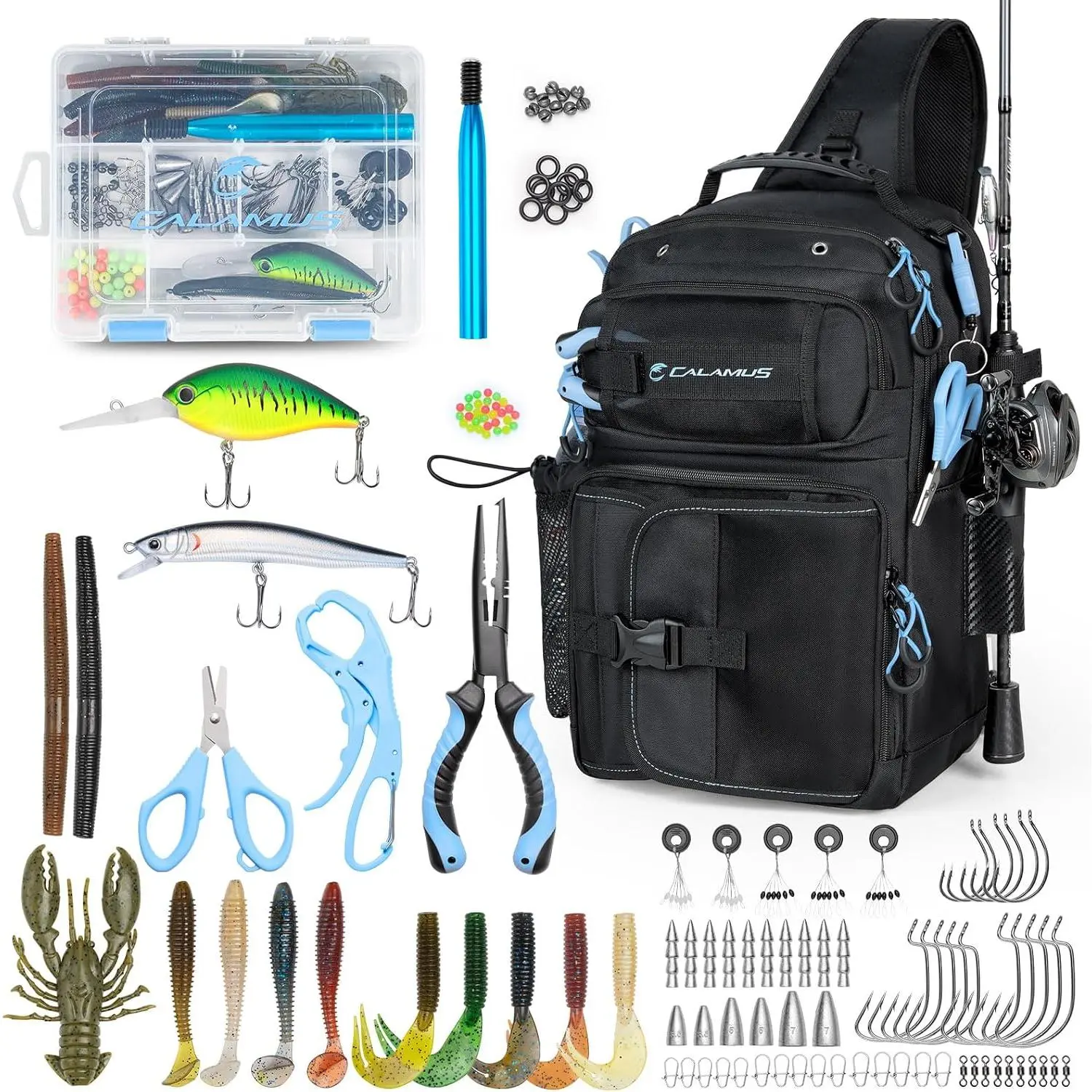 GearMaster Fishing Sling Tackle Bag & Tool Set, 3500 Tackle Box & Fishing Gear with Fishing lures, Fishing Pliers, Fishing , Lip Gripper, Wacky Tool