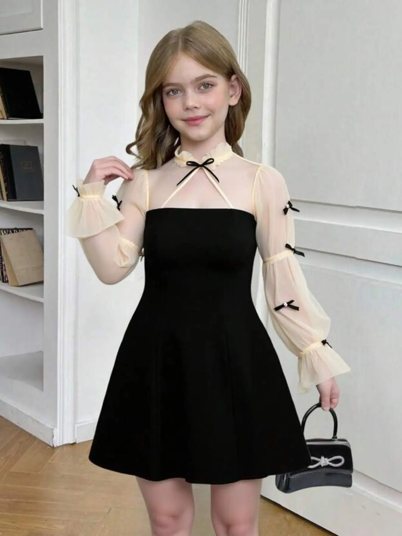 Girls Birthday Party Formal Dress with Bow Design, Elegant Slim-Fitting A-Line Dress for Spring and Fall, Knee Length Tulle Dress for Princess Look, Long Sleeve