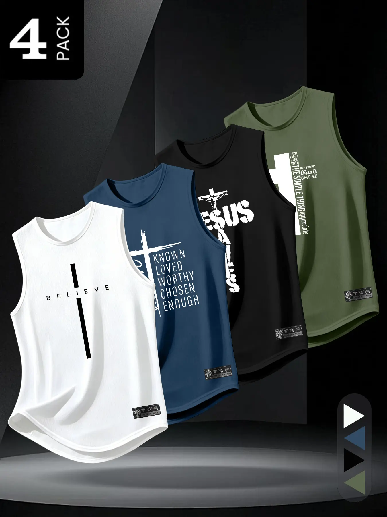 4-Pack Men's Cross Jesus Letter Print Sleeveless Vest, Breathable Fitness Running Loose Sports Tank Top, Multi-Color Set, Athletic Tops