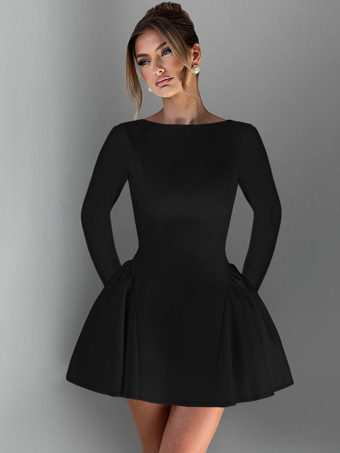 Women's Plain Long Sleeve Dress, Elegant Solid Color Back Zipper Party Club Holiday A-line Mini Dresses for Women