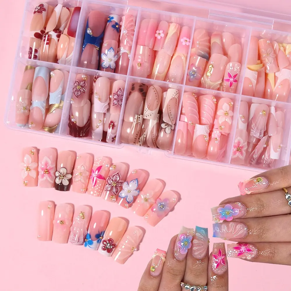 240pcs Long Square Flower 3D Gel Press-On Nails, Acrylic Fake Nails Set, Easy to Wear, Perfect for Parties and Daily Use
