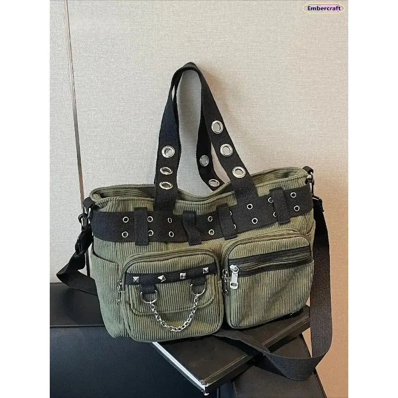 Punk Studded Leather Crossbody Bag for Women, Funky Statement Shoulder Purse with Chain Detail and Multiple Pockets, Peppy, Glamorous, Anniversary, Casual Shoulder Bag, Zipper, Romantic