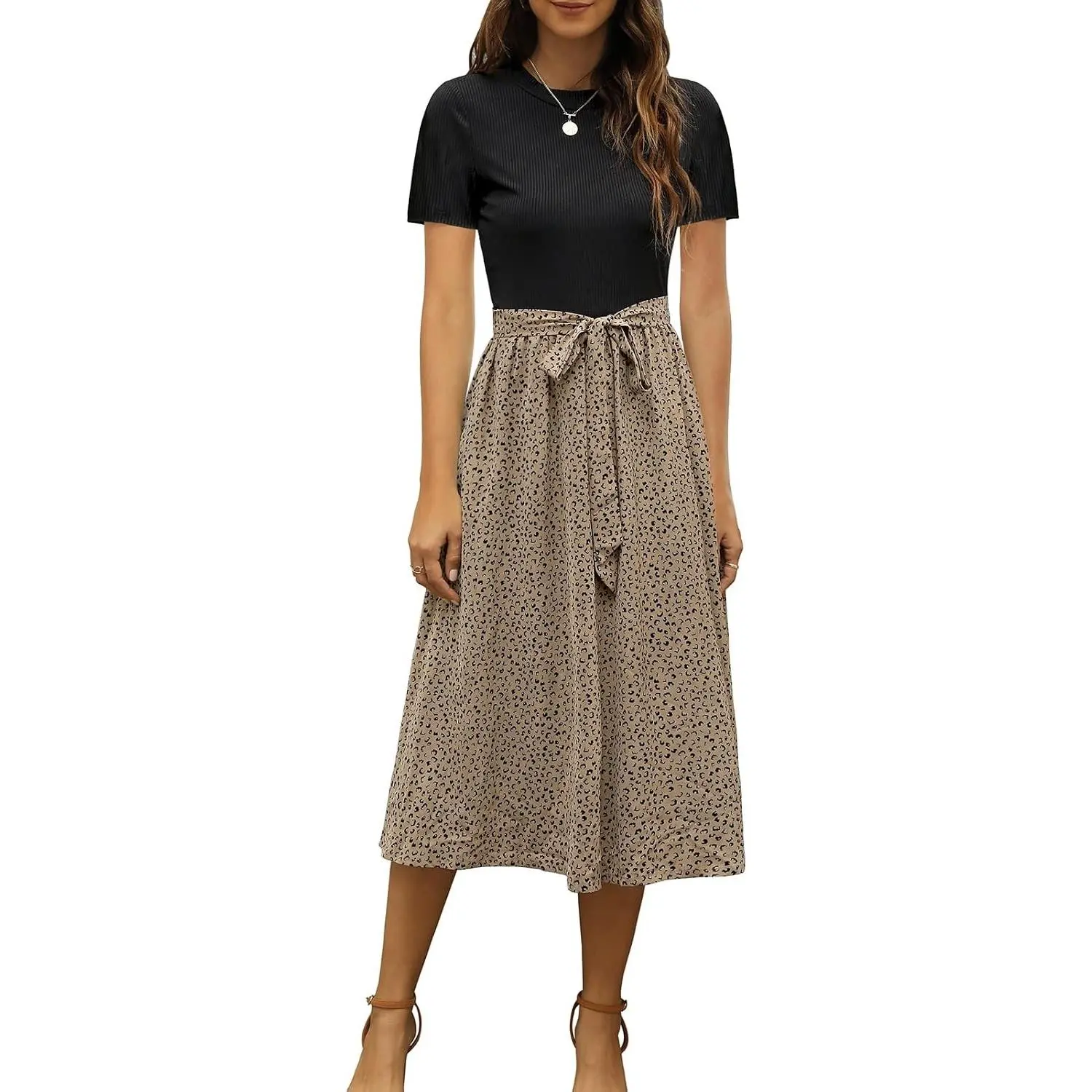 Women 2026 Summer Dress Short Sleeve Ribbed Teacher Church Modest Business Casual Work Outfits Midi Dress