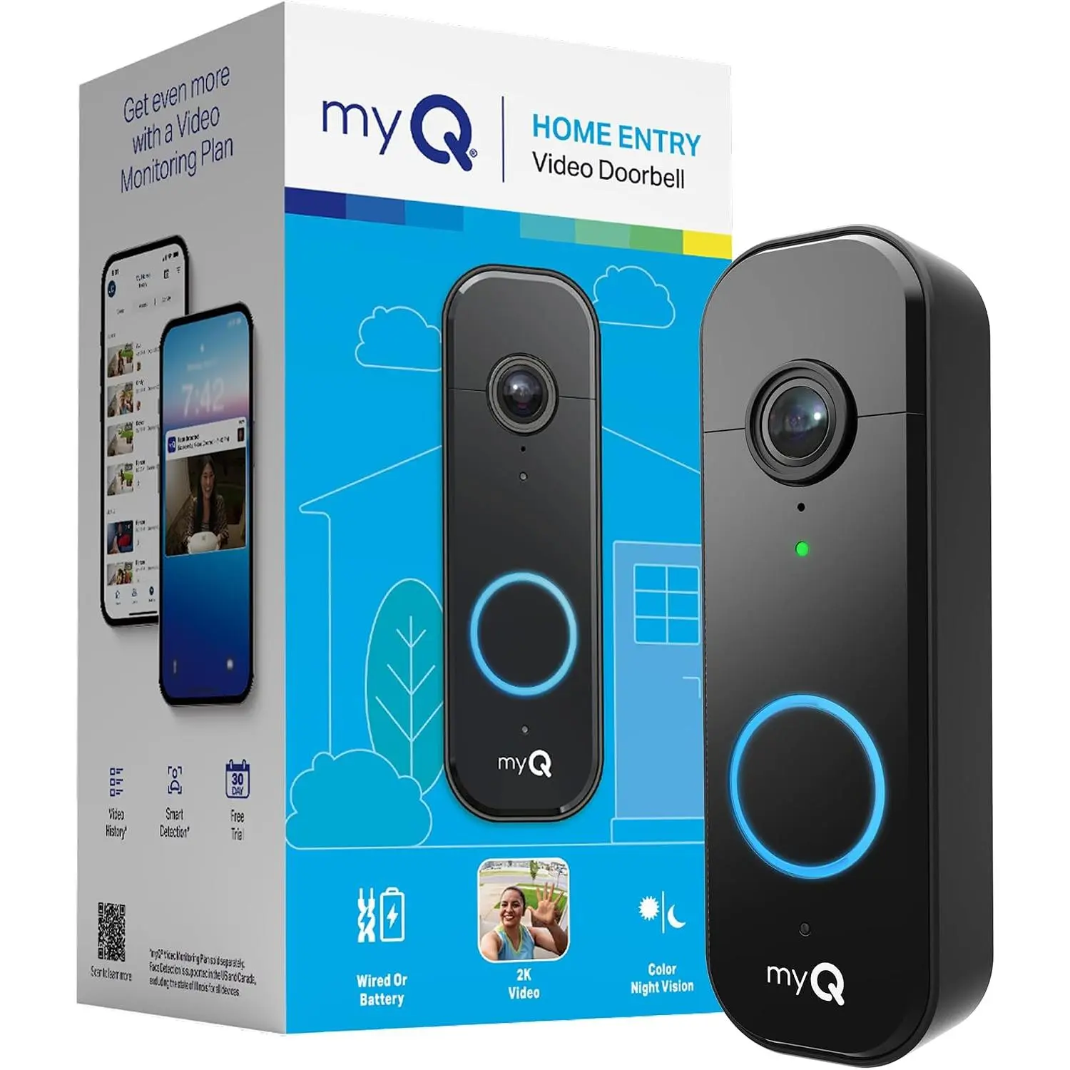 myQ Wired Video Doorbell with Wide Angle Lens, Color Night Vision, Live 2-Way Talk, Motion Detection, Real-Time Alerts, 150-Deg Wide View, Black Security Camera, Two-Way Talk