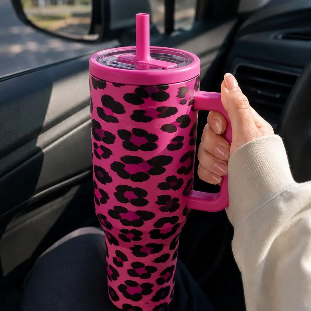 1PC 40oz Leopard Print Leakproof Insulated Tumbler with Handle & Lid, Double Wall Vacuum Travel Mug, Leak-Proof Large Capacity Cup, Keeps Drinks Hot 12H Cold 24H, Reusable Cup for Men Women, Gym Office Gift